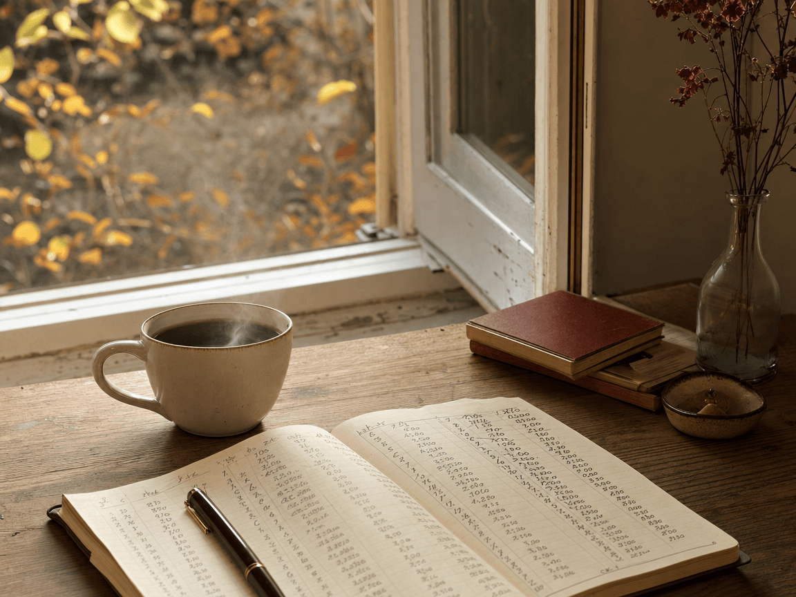Une table en bois clair, fenêtre entrouverte sur un jardin d'automne, où repose un carnet manuscrit ouvert sur des colonnes de chiffres soigneusement tracés à l'encre, à côté d'une tasse de café fumante.