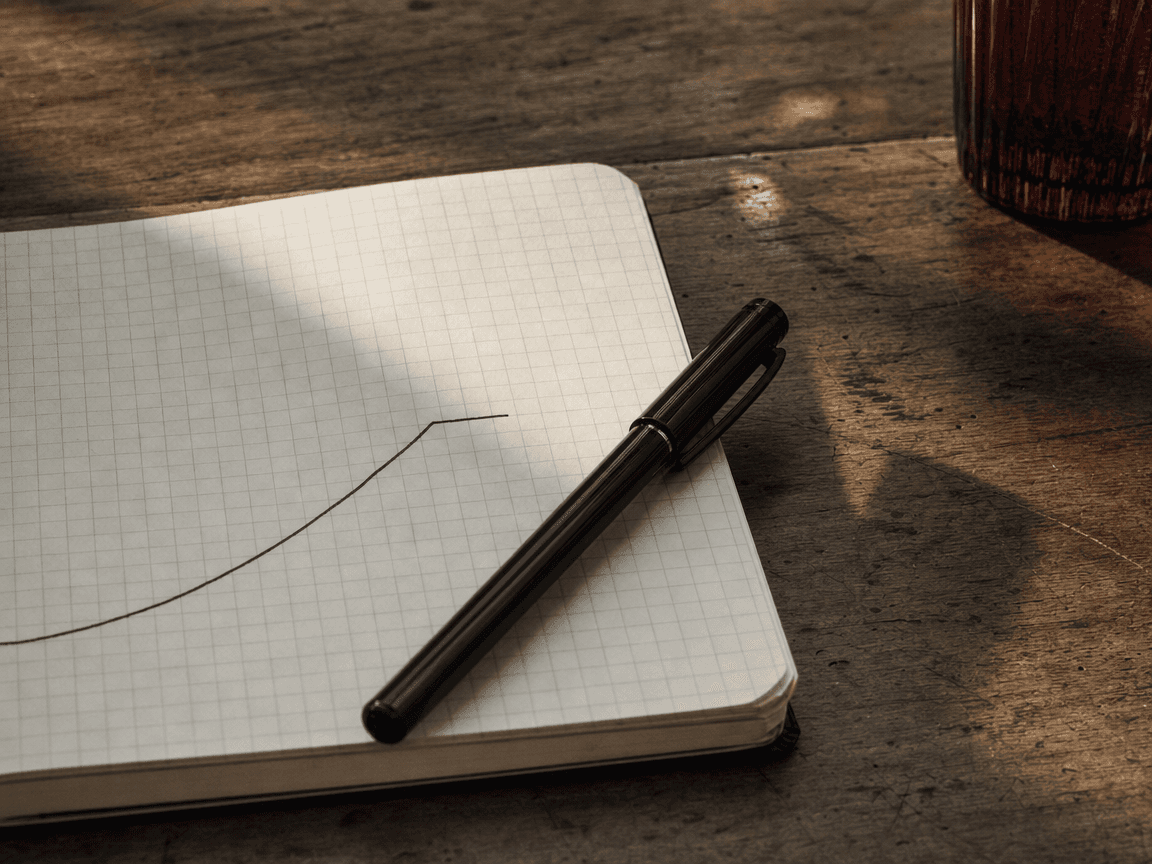 Une page de carnet quadrillé posée sur une table en bois usé, sur laquelle une main hors champ a tracé à l'encre noire une courbe qui s'arrête net, le stylo encore posé en travers, capuchon fermé.
