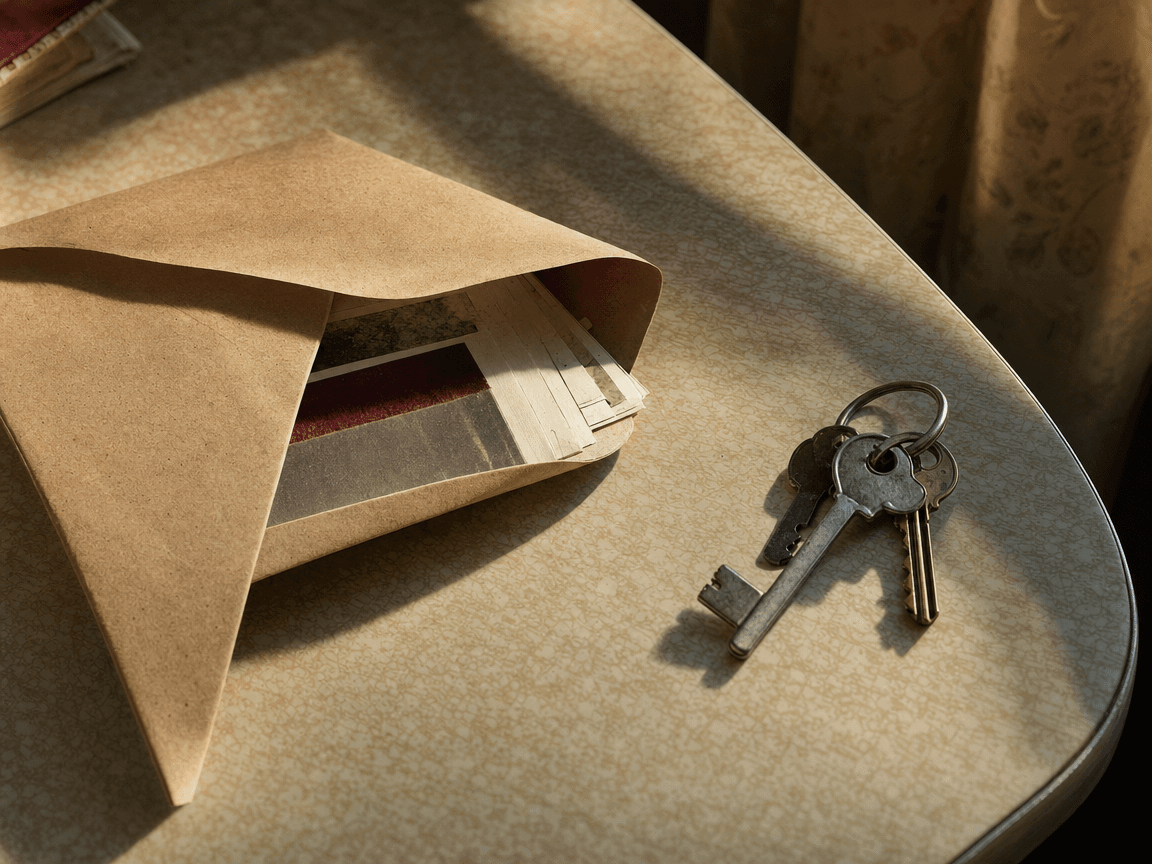 Une enveloppe kraft décachetée posée sur une table en formica usé, à côté d'un trousseau de clés ancien, dans la lumière oblique d'une fin d'après-midi.