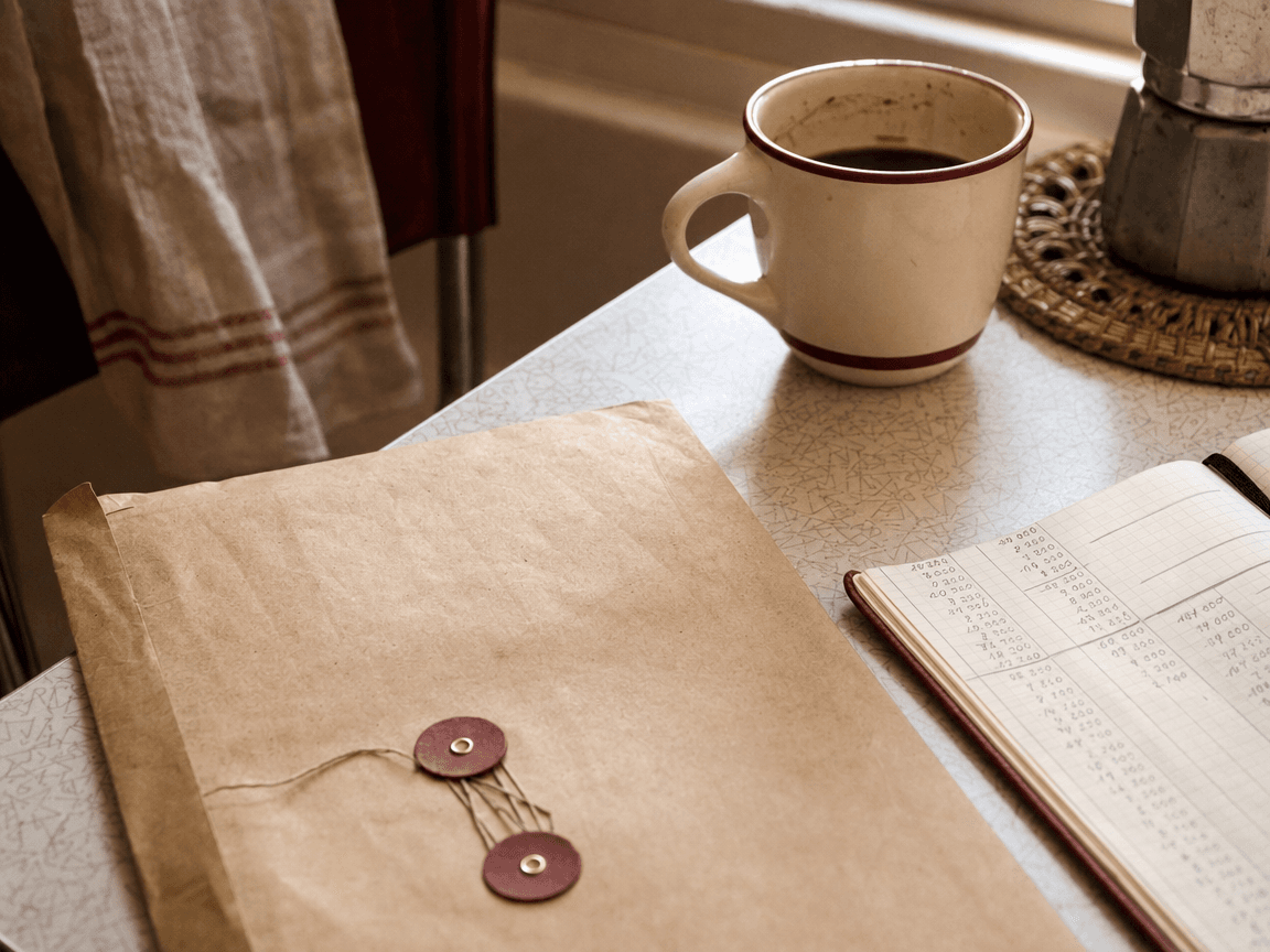 Une enveloppe kraft posée sur une table de cuisine en formica, à côté d'une tasse de café refroidie et d'un carnet de comptes ouvert sur une colonne de chiffres serrés, éclairée par la lumière blanche d'une fenêtre de matin.