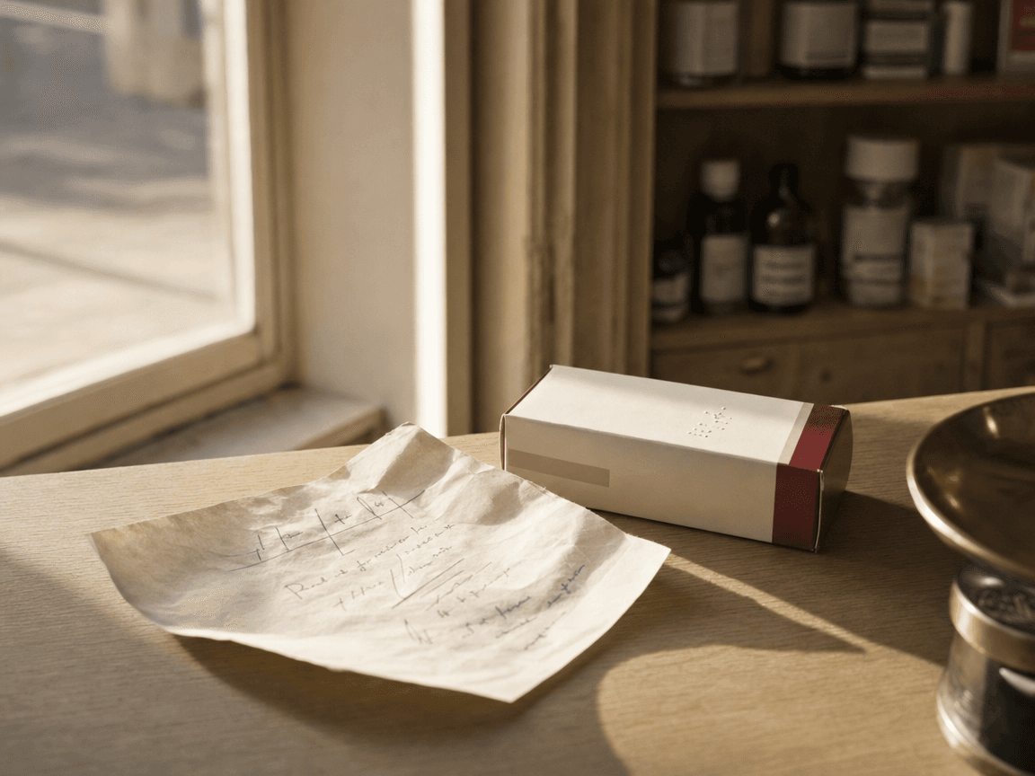 Une boîte de médicament posée sur le comptoir en bois clair d'une pharmacie, à côté d'une ordonnance manuscrite froissée, lumière de fin d'après-midi filtrant par une vitrine.