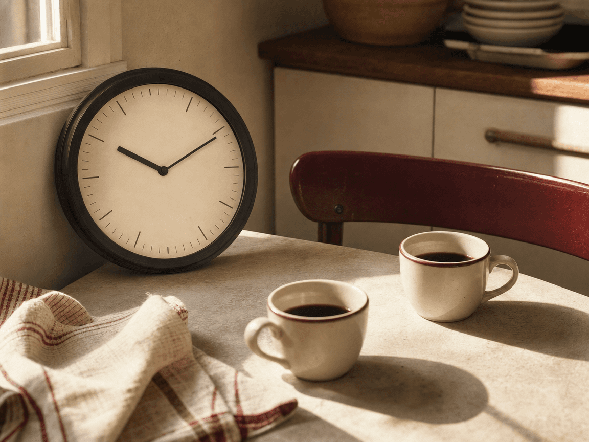 Une horloge murale aux aiguilles arrêtées sur une heure anodine, posée sur une table de cuisine ensoleillée où deux tasses de café refroidissent côte à côte.
