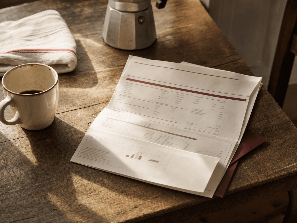 Une table de cuisine en bois usé, éclairée par la lumière oblique d'une fenêtre, sur laquelle repose un relevé de pension ouvert à côté d'une tasse de café à moitié vide.