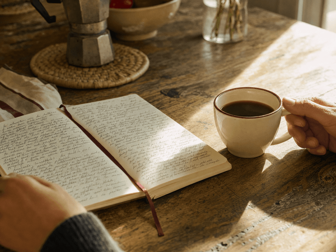 Une tasse de café encore pleine posée sur une table de cuisine ensoleillée, à côté d'un carnet ouvert dont les pages sont couvertes d'une écriture serrée — la pause enfin prise, suspendue entre deux présences.
