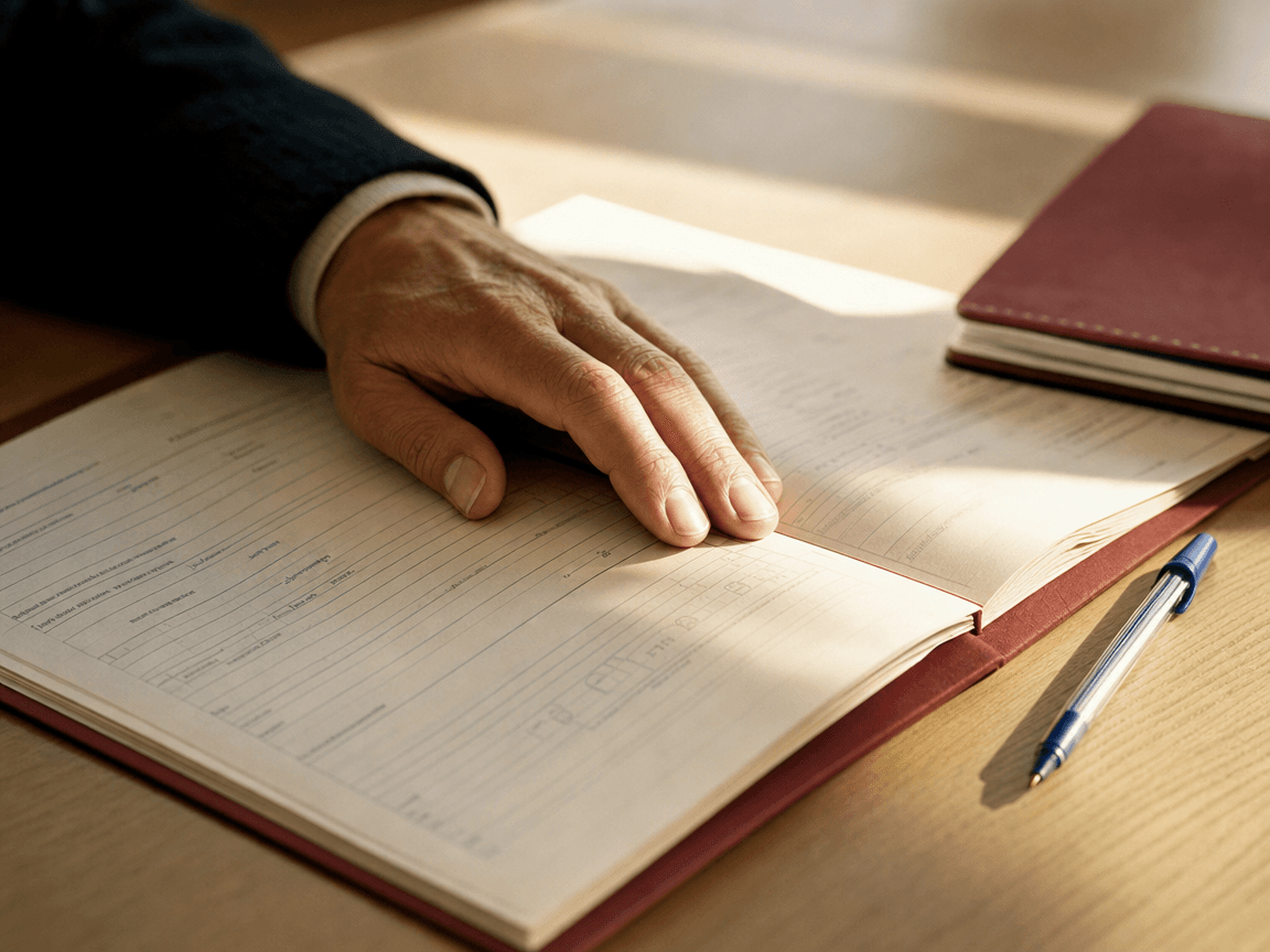 Une main posée sur un contrat d'assurance ouvert, stylo bic à côté, lumière de fin d'après-midi rasant les lignes imprimées d'un formulaire de désignation de bénéficiaire.
