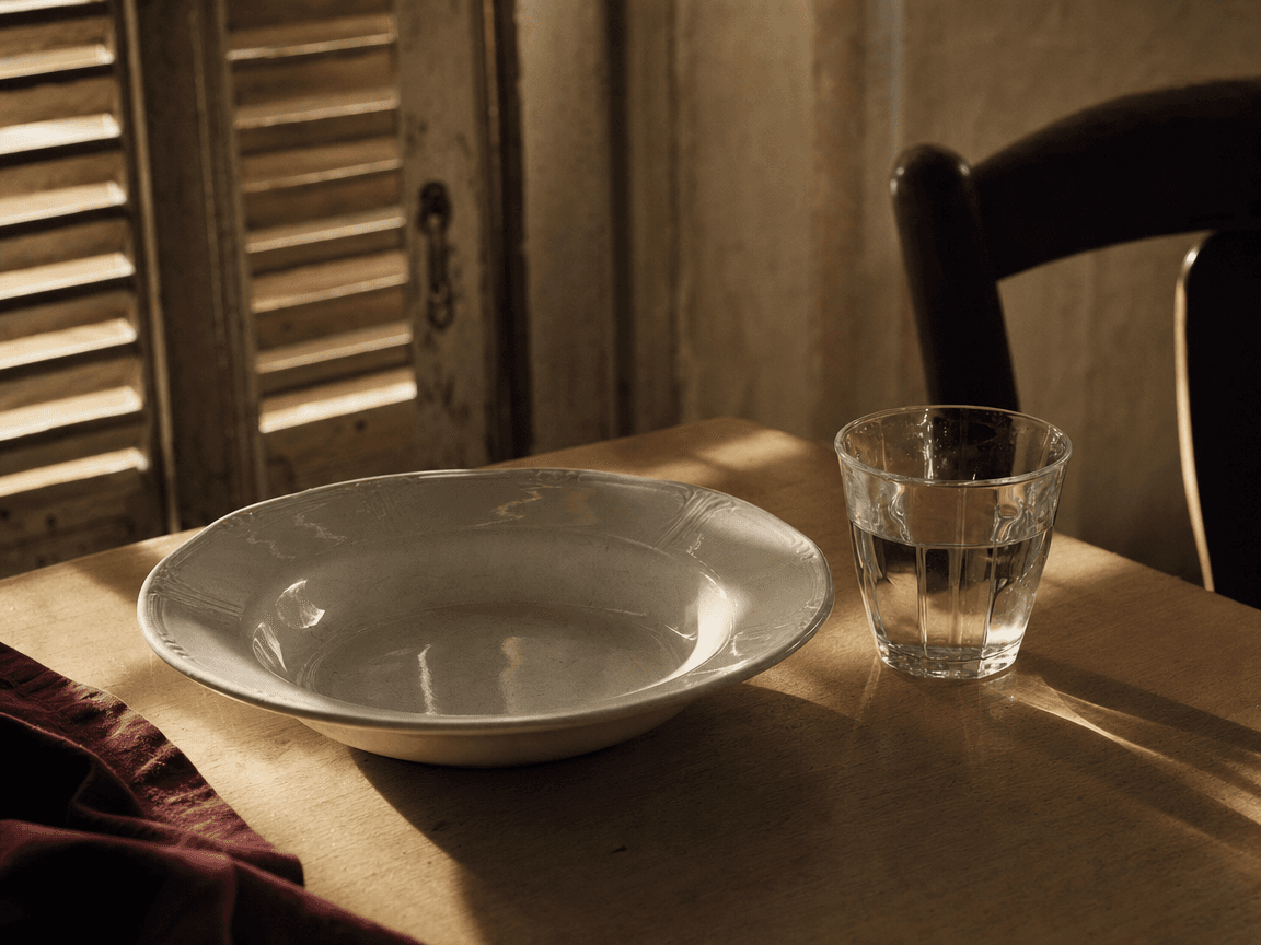 Une assiette creuse en faïence blanche posée sur une table en bois clair, vide, un verre d'eau à moitié plein à côté, baignés dans la lumière rasante et dorée d'un après-midi d'été qui traverse des volets mi-clos.