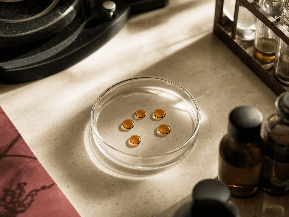 Une boîte de Pétri posée sur une paillasse de laboratoire, vue en plongée légère, où quatre gouttes de liquide ambré forment une constellation silencieuse dans la lumière oblique d'une fenêtre.