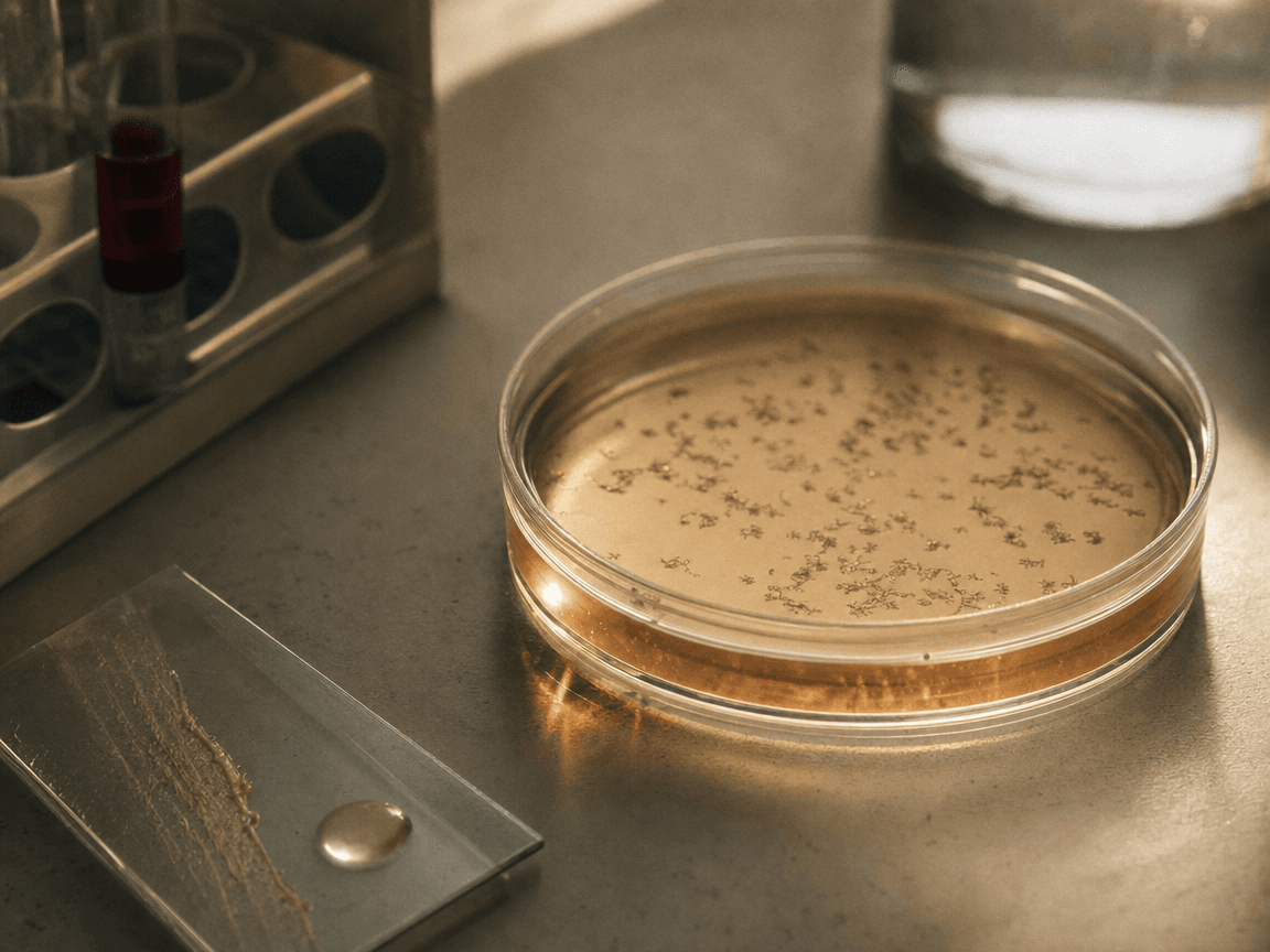 Une boîte de Pétri posée sur une paillasse de laboratoire, éclairée en lumière rasante, révèle le reflet ambré d'un liquide translucide dans lequel flottent, à peine visibles, de minuscules structures en suspension.