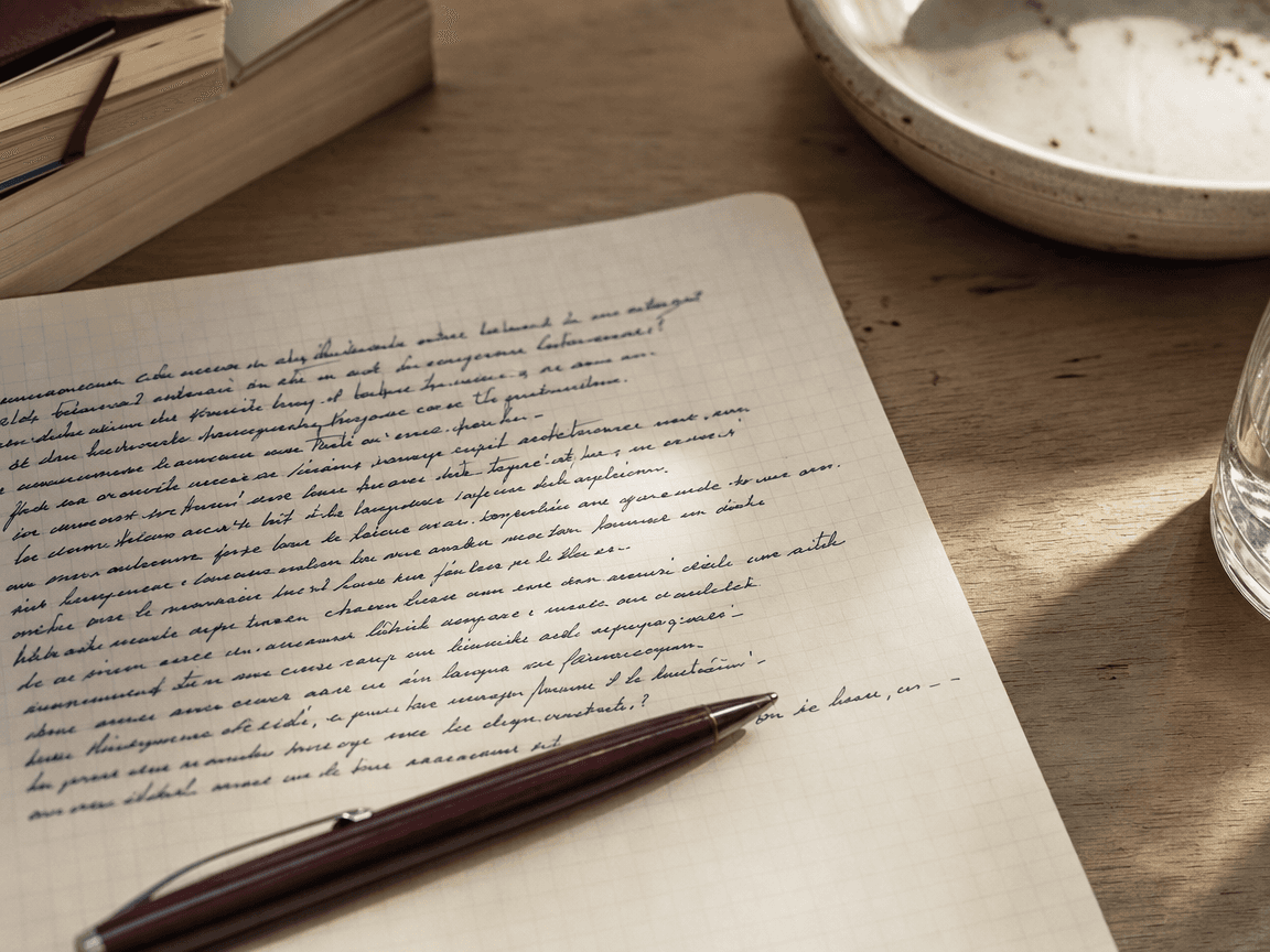 Une feuille de carnet quadrillé posée sur une table en bois clair, couverte d'une écriture manuscrite dense qui s'interrompt brusquement au milieu d'une ligne, stylo abandonné en travers, lumière de fin de matinée rasant la surface.
