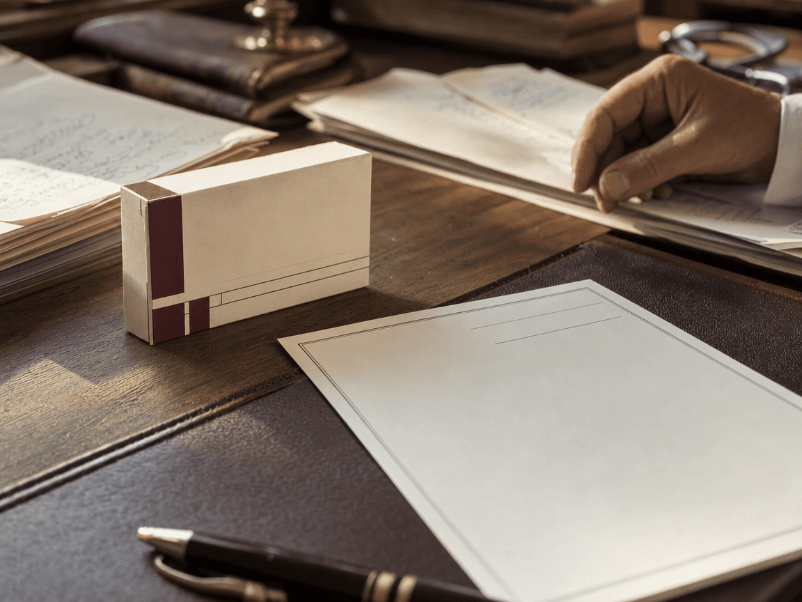 Une boîte de médicament posée sur le bord d'un bureau de médecin encombré de papiers, la lumière de fin d'après-midi rasant le bois usé, l'ordonnance restée vierge au premier plan.