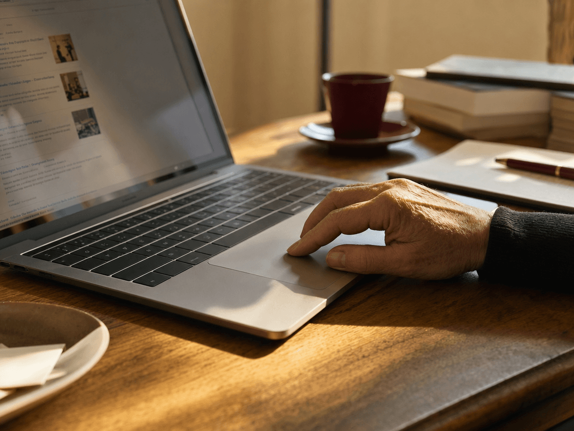 Une main posée sur un trackpad de laptop, l'écran reflété en arrière-plan montrant une page de résultats de recherche légèrement floue, lumière de fin d'après-midi rasant le bureau en bois.
