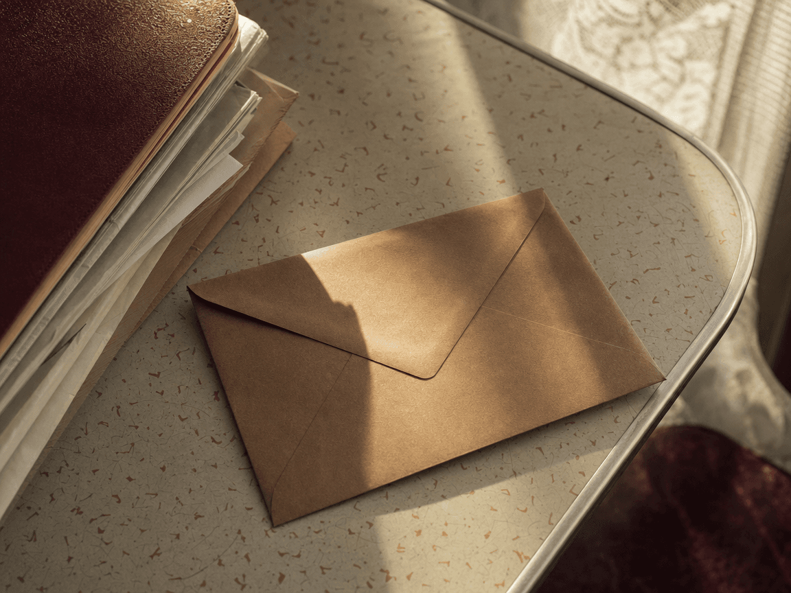 Une enveloppe kraft posée sur une table en formica usé, adressée à la CAF, encore cachetée, dans la lumière oblique d'une fin d'après-midi.