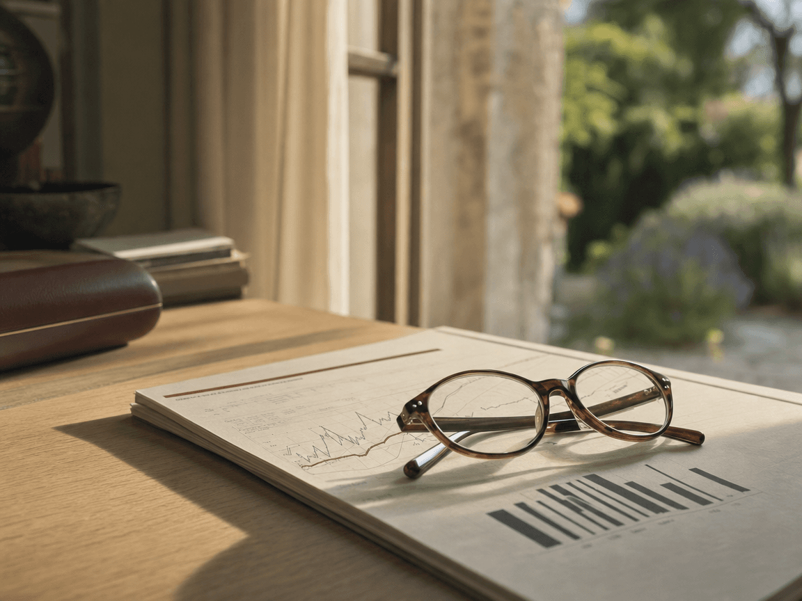 Une paire de lunettes de lecture posée sur un rapport imprimé, au bord d'une table en bois clair, près d'une fenêtre ouverte sur un jardin flou en plein été.
