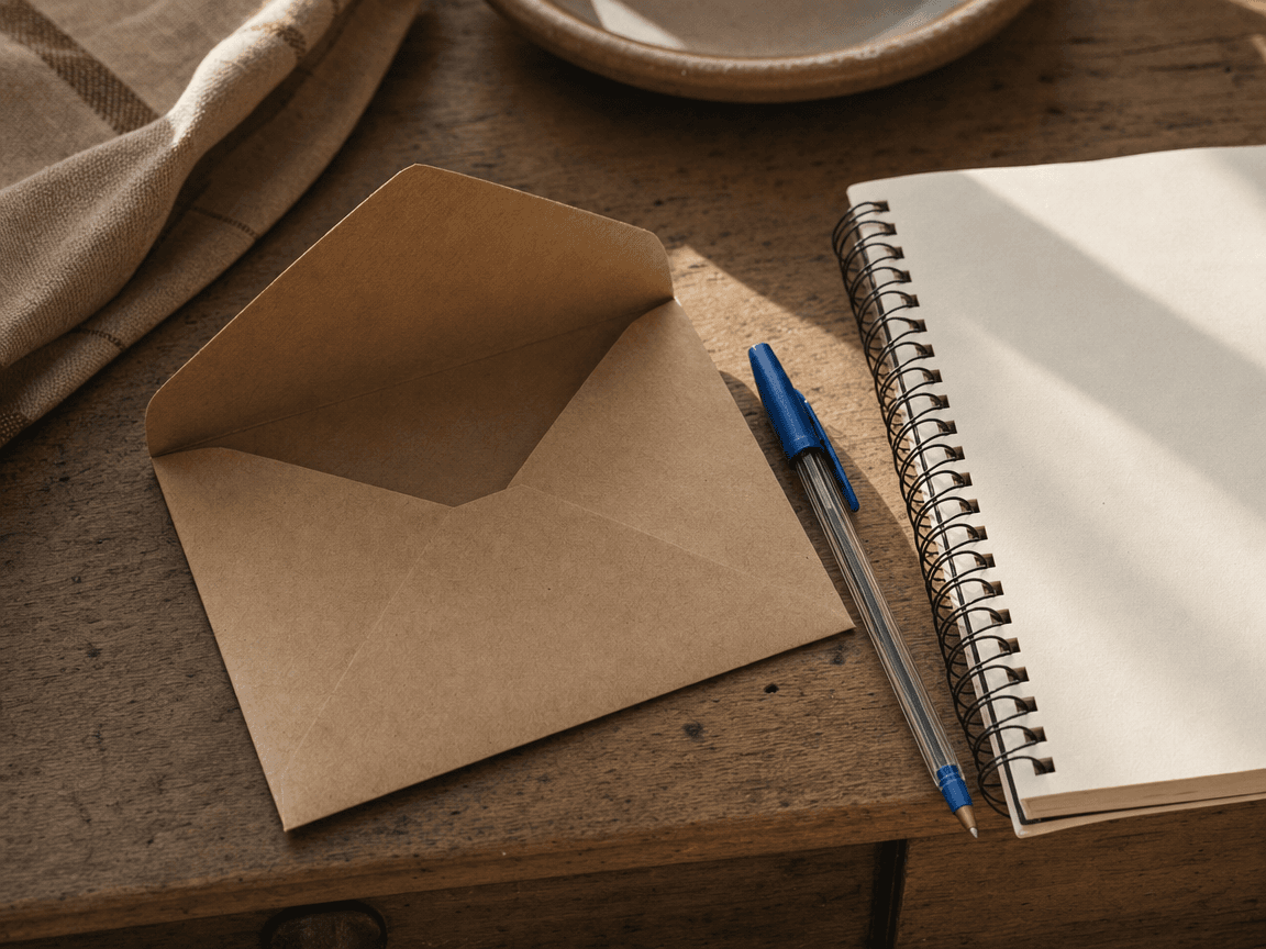 Une enveloppe kraft ouverte posée sur une table en bois usé, à côté d'un stylo bic et d'un carnet à spirale ouvert sur une page vierge, baignés dans la lumière oblique d'une fenêtre de cuisine en fin d'après-midi.
