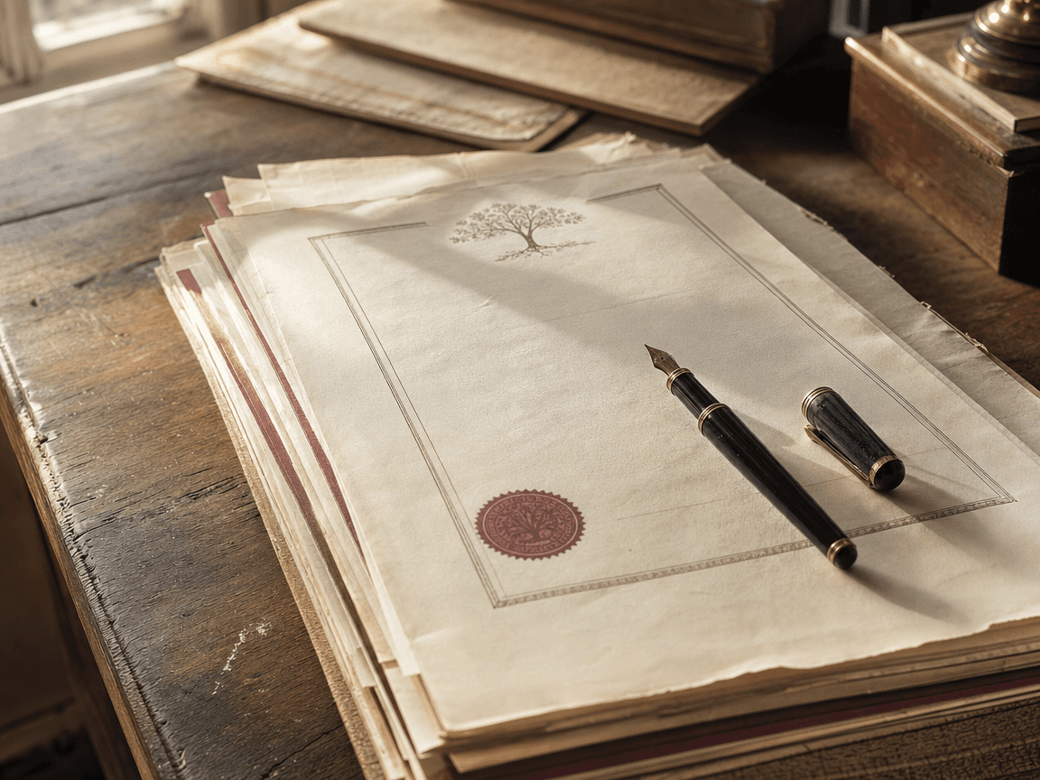Une liasse de relevés de contrats d'assurance vie posée sur une table en bois ancien, légèrement froissée sur les bords, éclairée par la lumière rasante d'une fenêtre de fin d'après-midi, un stylo plume ouvert posé dessus comme en attente d'une décision.