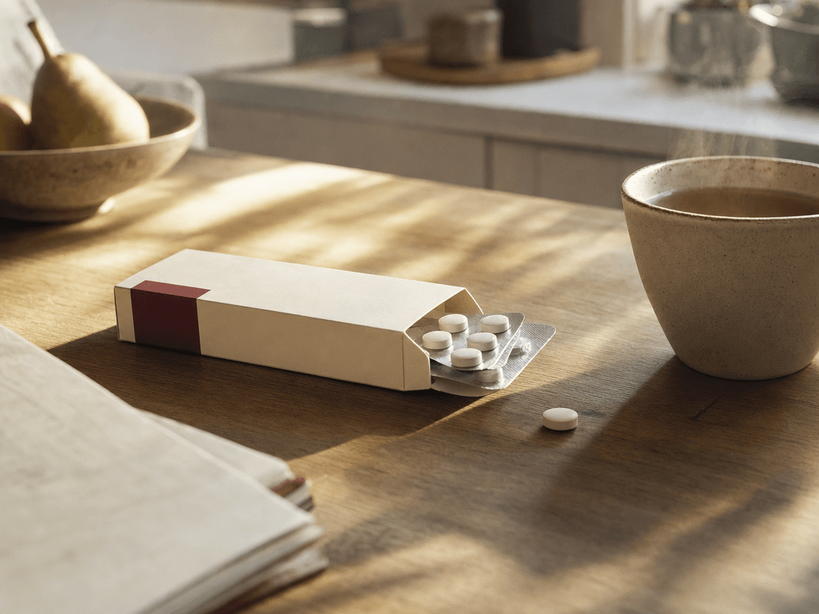 Une boîte de comprimés sous blister posée sur une table de cuisine en bois clair, à côté d'une tasse de thé encore fumante, photographiée en contre-plongée légère dans la lumière oblique du matin.