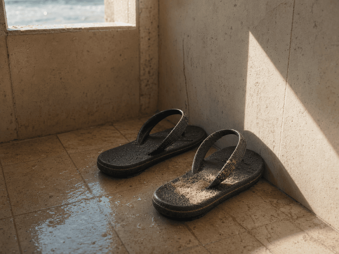 Une paire de sandales de plage abandonnées sur le carrelage humide d'une douche de bord de mer, l'une d'elles maculée d'une légère traînée de sable rosé, éclairée par un rai de soleil oblique venant d'un vasistas.