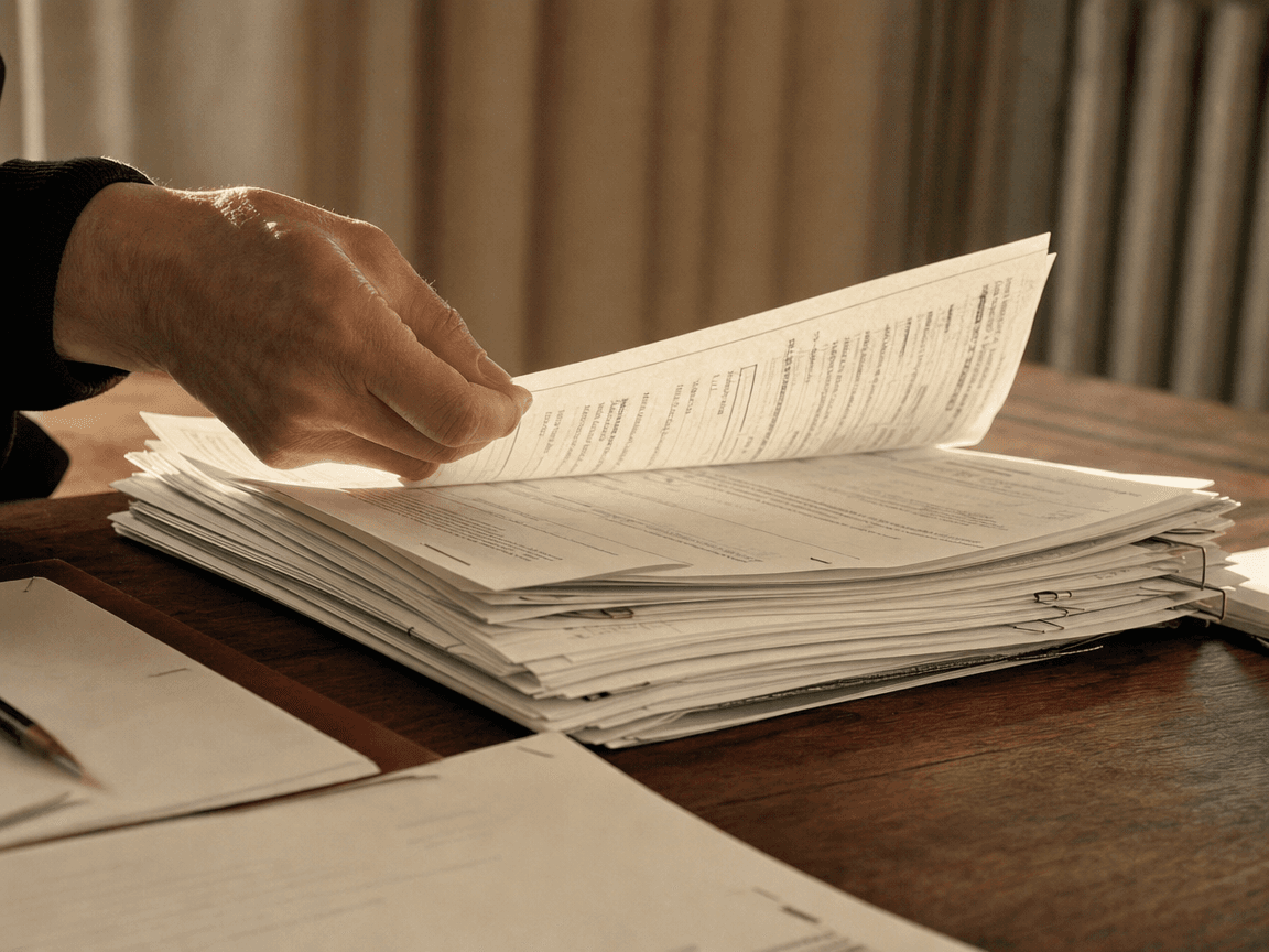 Une liasse de feuillets administratifs agrafés, posée sur une table en bois sombre, qu'une main hors champ feuillette sans la regarder, lumière de fin d'après-midi rasant les lignes serrées du texte imprimé.