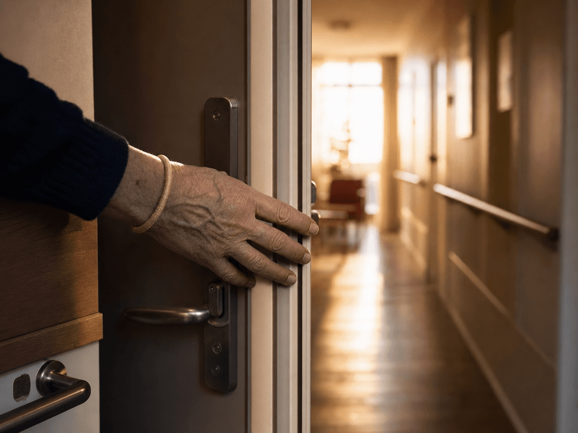 Une main aux veines saillantes referme doucement la porte métallique d'une chambre d'EHPAD dans un couloir baigné de lumière dorée de fin d'après-midi, tandis qu'un fin bracelet beige cerclant le poignet capte un imperceptible halo lumineux.