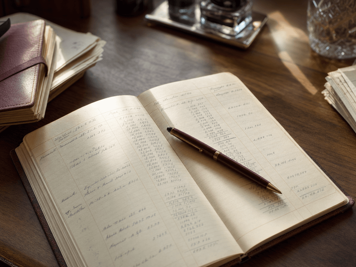 Un carnet de comptes ouvert sur une table en bois, un stylo posé en travers, la lumière de fin d'après-midi rasant les colonnes de chiffres manuscrits.