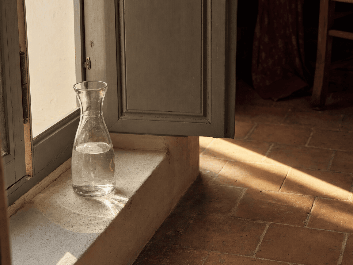 Une carafe d'eau posée sur un rebord de fenêtre en pierre, à l'ombre d'un volet mi-clos, la lumière de l'après-midi découpant une ligne dorée sur le carrelage brûlant.