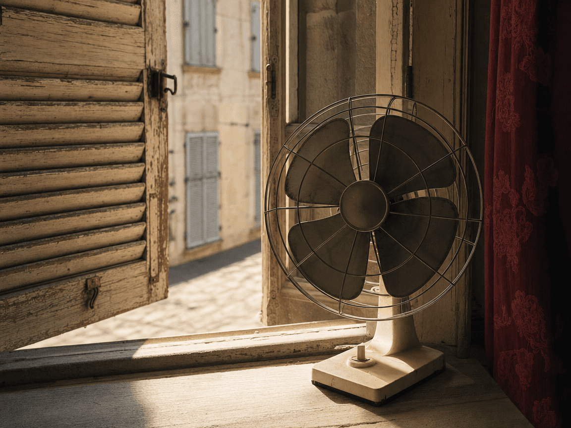 Un ventilateur de table posé sur un rebord de fenêtre ouvert, ses pales immobiles dans l'air brûlant d'un après-midi d'août, les volets en bois délavé à demi fermés sur une rue vide et silencieuse.