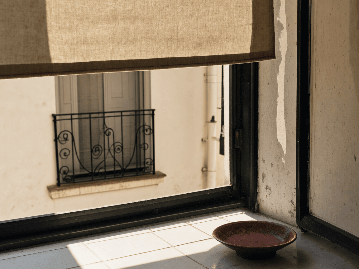 Une fenêtre entrouverte sur une cour intérieure silencieuse, le store en toile beige à moitié baissé projetant une bande d'ombre nette sur un carrelage blanc aveuglé de soleil.