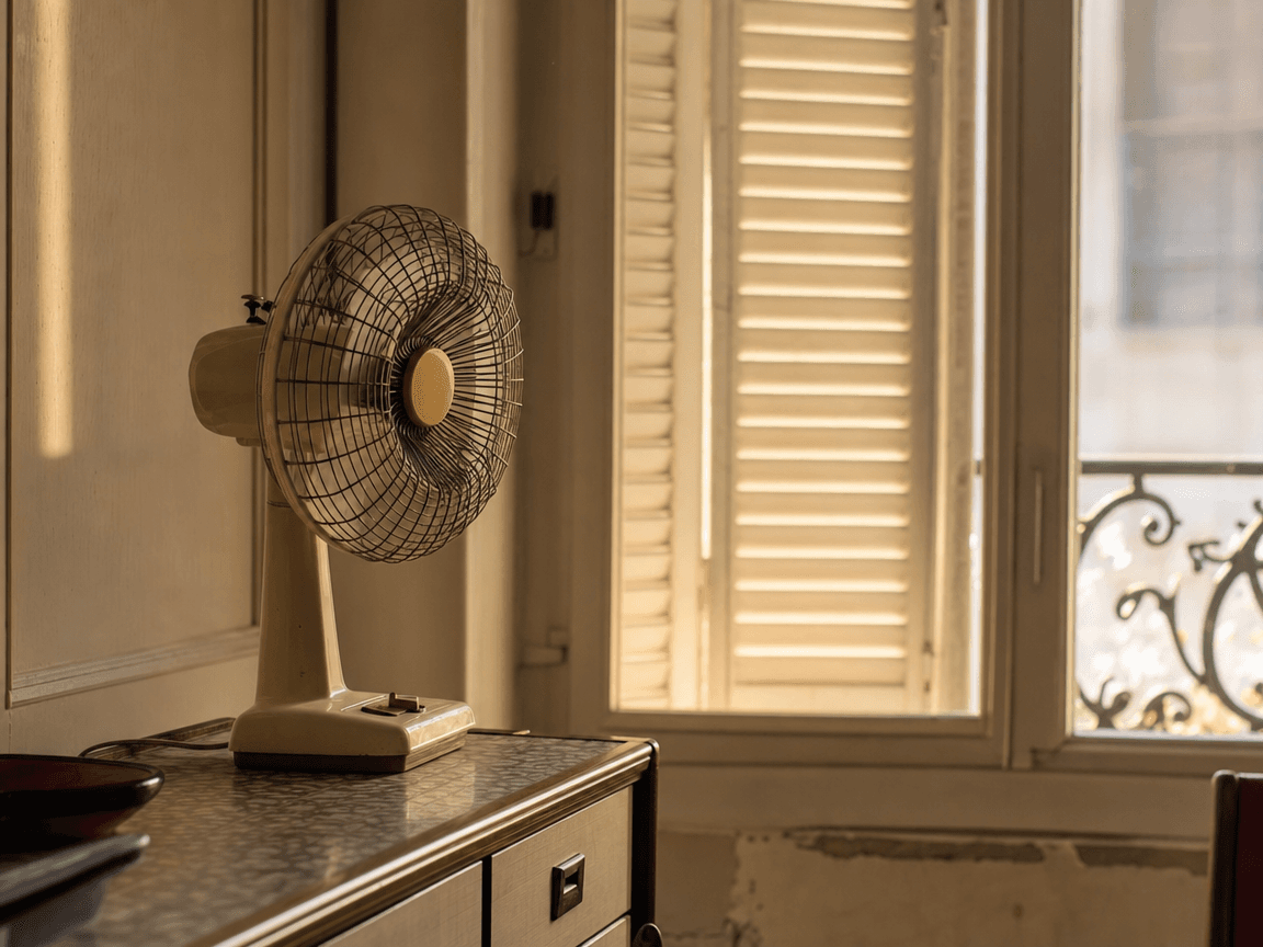 Un ventilateur de table posé sur un buffet en formica, brassant l'air d'un appartement vide aux volets mi-clos, dans la lumière orange et immobile d'une après-midi d'été.
