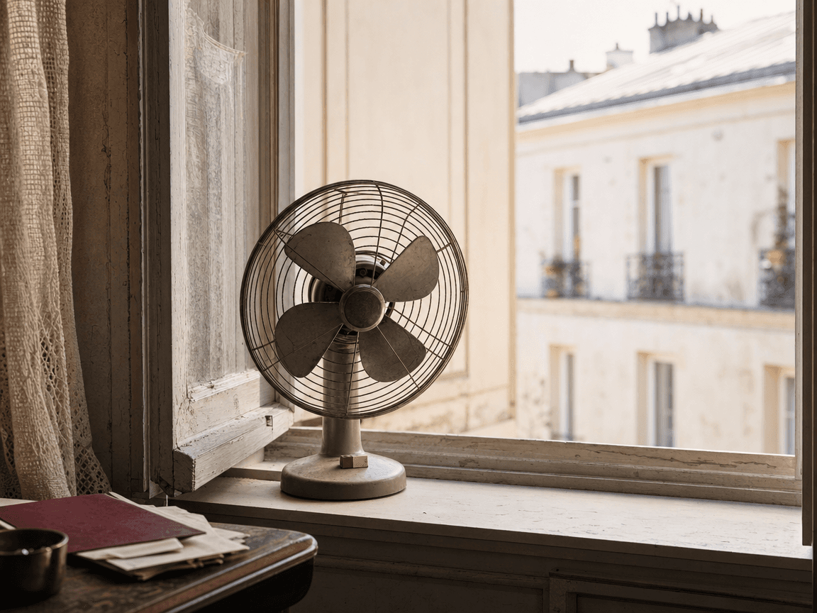 Un ventilateur de bureau posé sur un rebord de fenêtre ouvert, ses pales immobiles, face à une rue baignée d'une lumière blanche et écrasante de milieu de journée.