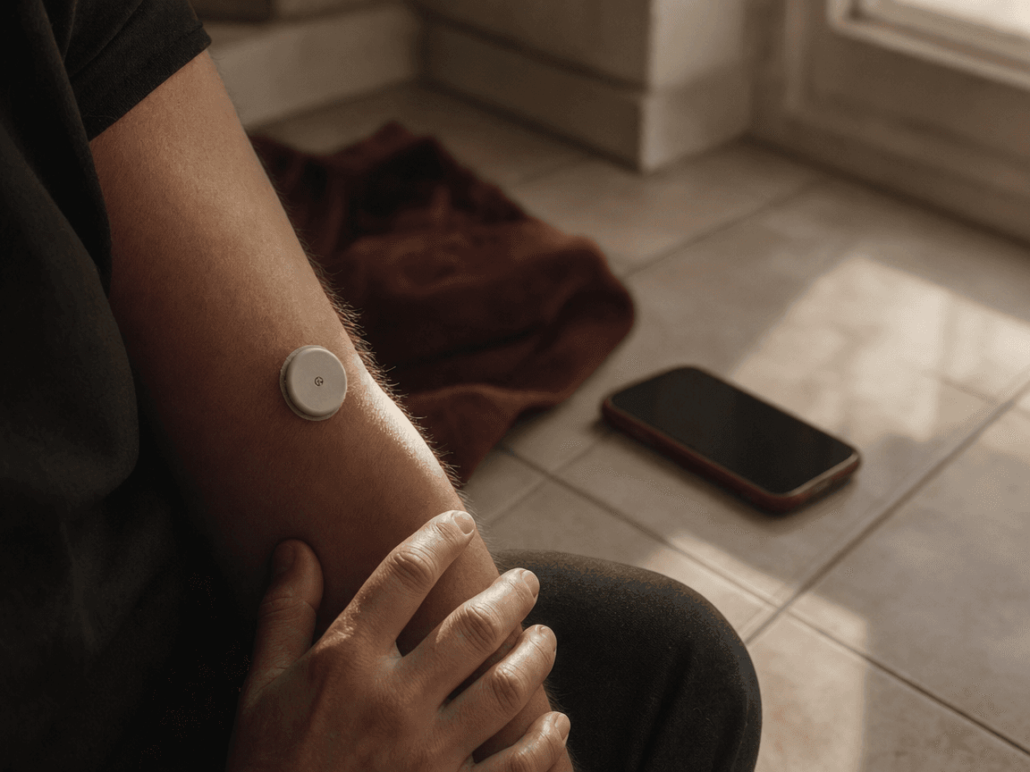 Un capteur rond et blanc collé sur la face interne d'un avant-bras, effleuré par la lumière oblique d'une fenêtre de cuisine, un smartphone posé flou à l'arrière-plan sur le carrelage.