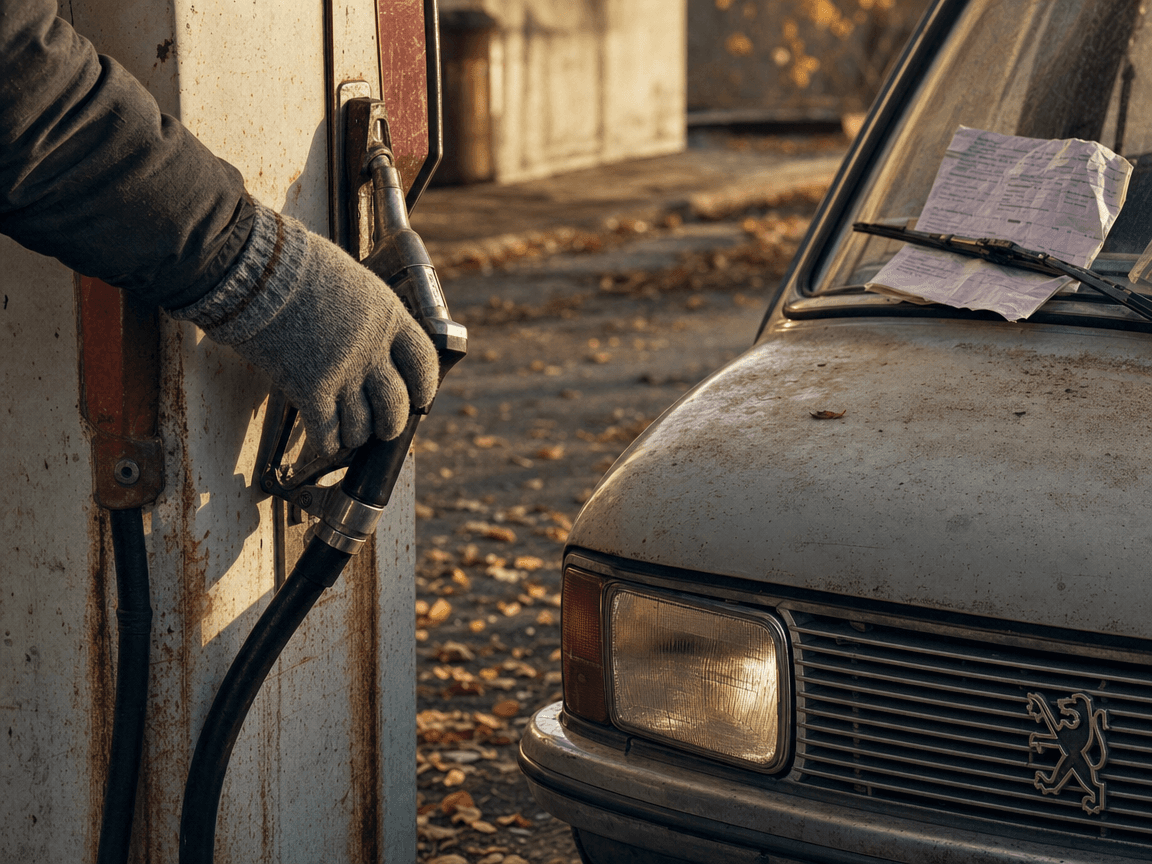 Une pompe à carburant rouillée dans la lumière rasante d'un matin d'automne, une main gantée de laine posée sur la poignée, un relevé de pension froissé glissé sous l'essuie-glace d'une vieille Peugeot garée à côté.