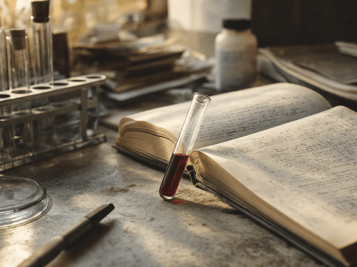 Une paillasse de laboratoire en fin de journée, baignée d'une lumière dorée oblique, sur laquelle repose un tube à essai contenant un liquide rouge sombre, légèrement incliné contre un carnet de notes ouvert couvert d'annotations manuscrites illisibles.