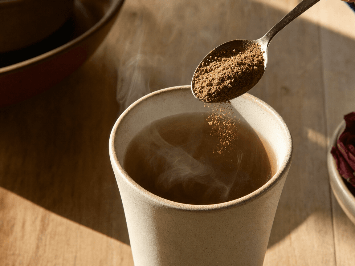 Une cuillère à café de poudre brune et granuleuse suspendue au-dessus d'une tasse de grès fumante, photographiée en plongée légère sur une table en bois clair, lumière de fenêtre rasante révélant la texture poussiéreuse de la poudre avant qu'elle ne tombe.