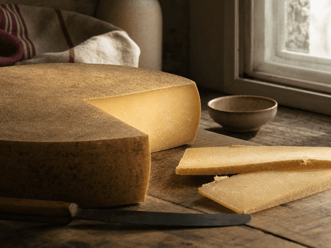 Une meule de comté entamée sur une table en bois, éclairée par la lumière rasante d'une fenêtre de cuisine, ses cristaux de tyrosine captant la lumière comme de petits éclats de sel.