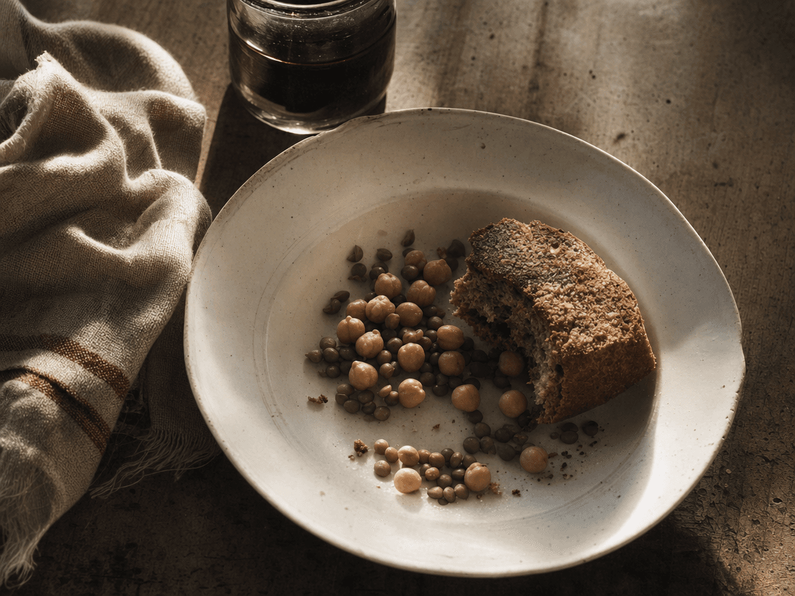 Une assiette creuse en faïence blanche, posée sur une table en bois usé, contient quelques légumineuses froides et un peu de pain bis à moitié entamé — lumière rasante de fin d'après-midi qui découpe les reliefs et laisse le fond de l'assiette dans l'ombre.