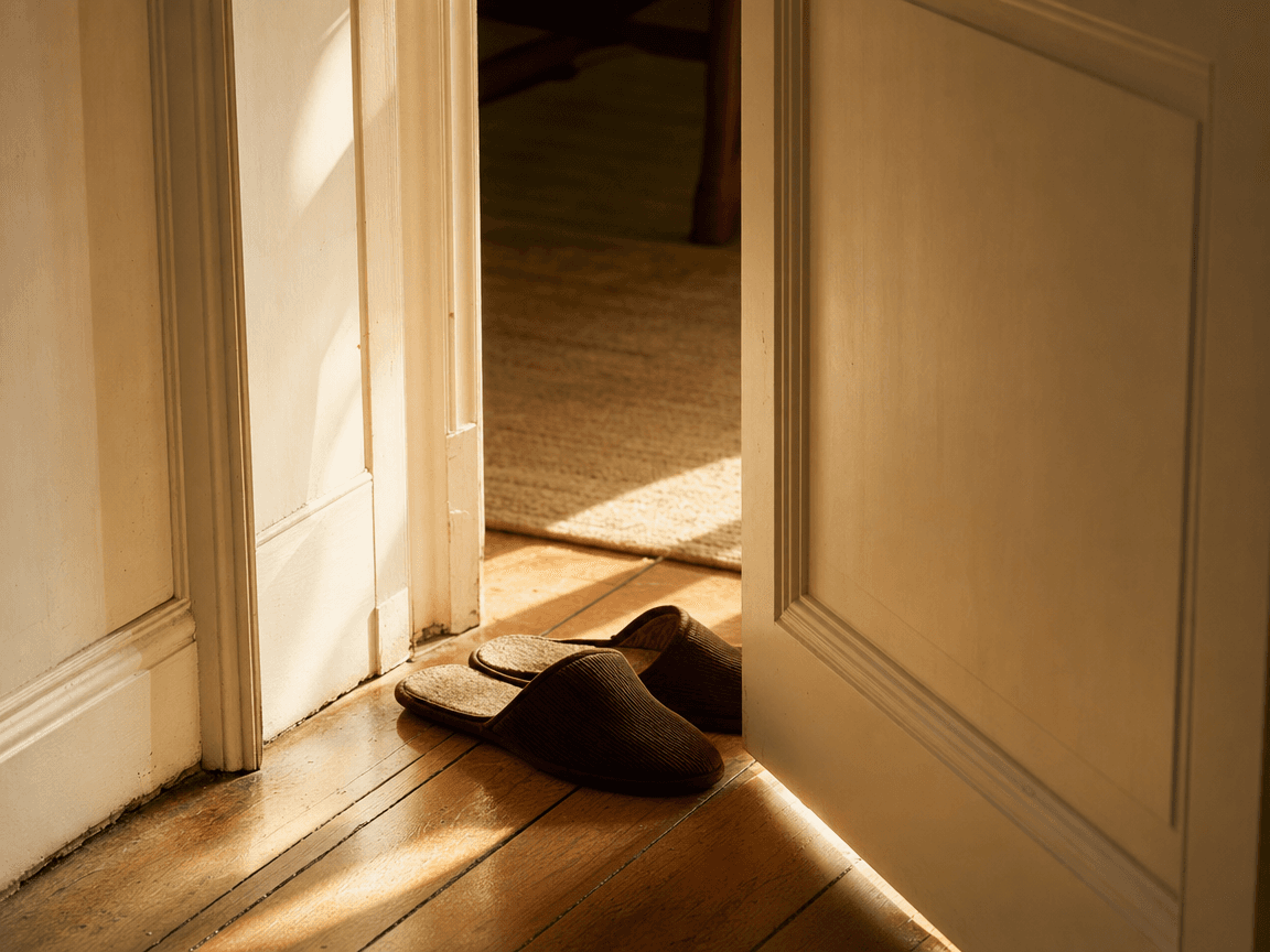 Une paire de pantoufles posée au seuil d'une porte entrouverte, dans un couloir baigné d'une lumière dorée de fin d'après-midi.