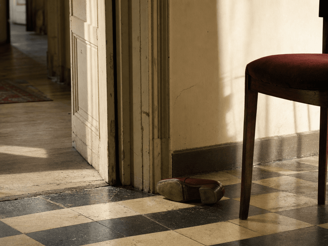 Un couloir d'appartement ancien en lumière de fin d'après-midi, carrelage en damier légèrement usé, une chaussure retournée au sol près du pied d'une chaise, aucun personnage visible.