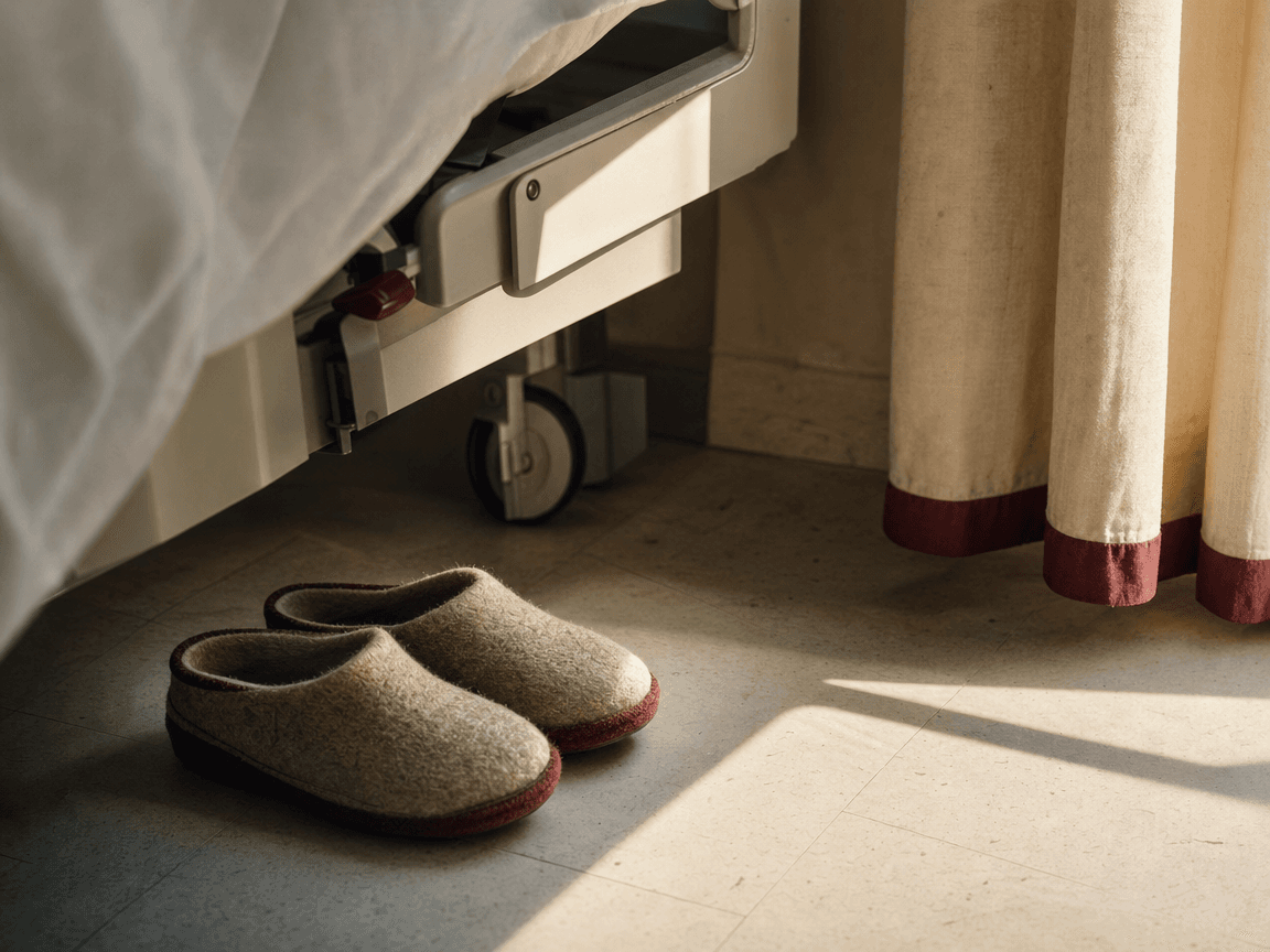 Une paire de chaussons en laine posés au pied d'un lit d'hôpital, sur le carrelage froid, baignés d'une lumière de fin d'après-midi qui entre par une fenêtre hors champ.