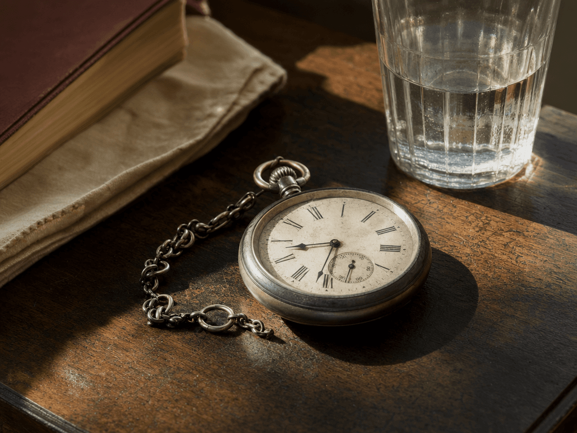 Une vieille montre de poche arrêtée posée sur une table de nuit en bois sombre, à côté d'un verre d'eau à moitié plein, dans la lumière oblique du matin.