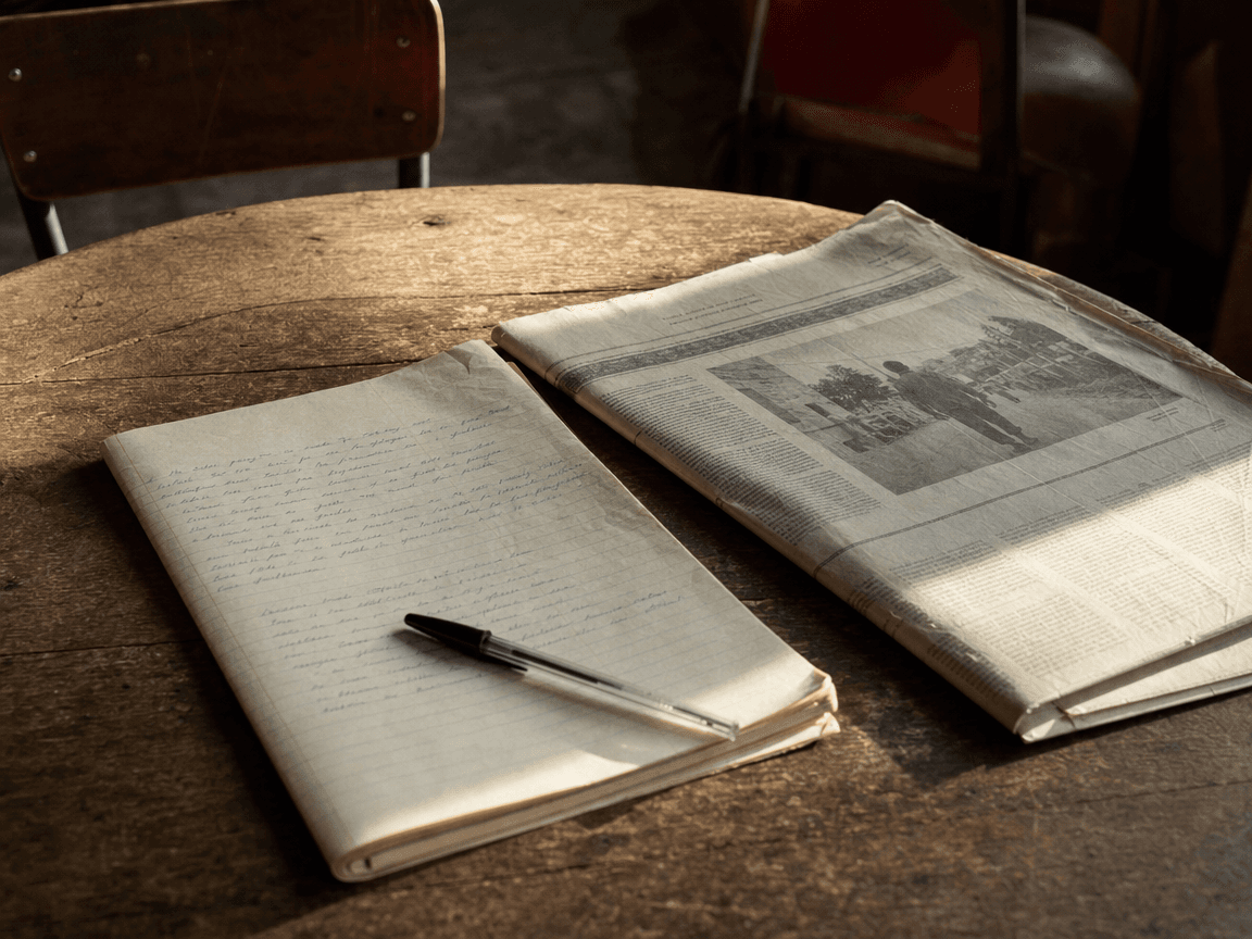 Une table ronde en bois usé, vue de dessus, sur laquelle reposent côte à côte un carnet d'écolier et un journal plié, dans la lumière oblique d'une salle communale.
