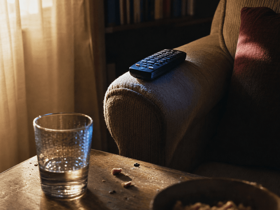 Une télécommande posée sur un accoudoir de canapé usé, baignée par la lumière bleutée et vacillante d'un écran hors champ, un verre à moitié plein et quelques miettes sur la table basse au premier plan.