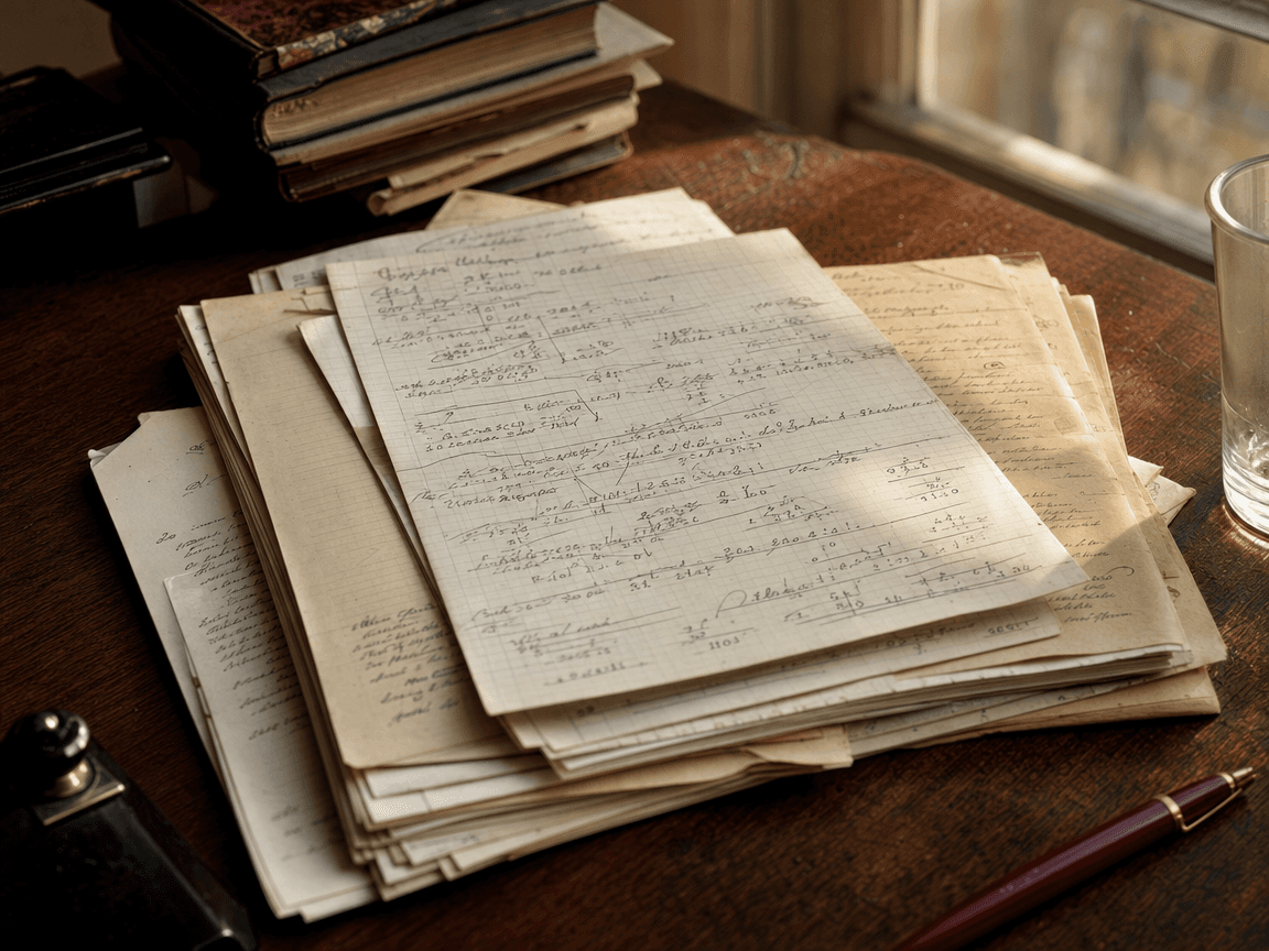 Une liasse de feuilles de calcul manuscrites et de relevés de carrière jaunis, posée sur un bureau en bois sombre, frôlée par la lumière oblique d'une fenêtre.