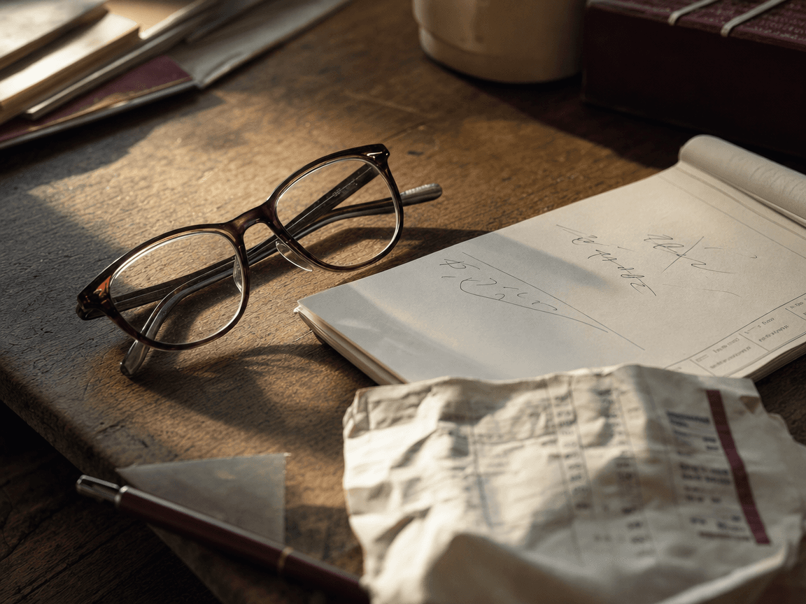 Une paire de lunettes de lecture posée sur un bureau en bois usé, à côté d'un ordonnancier ouvert et d'une fiche de paie froissée, dans la lumière oblique d'une fin d'après-midi.