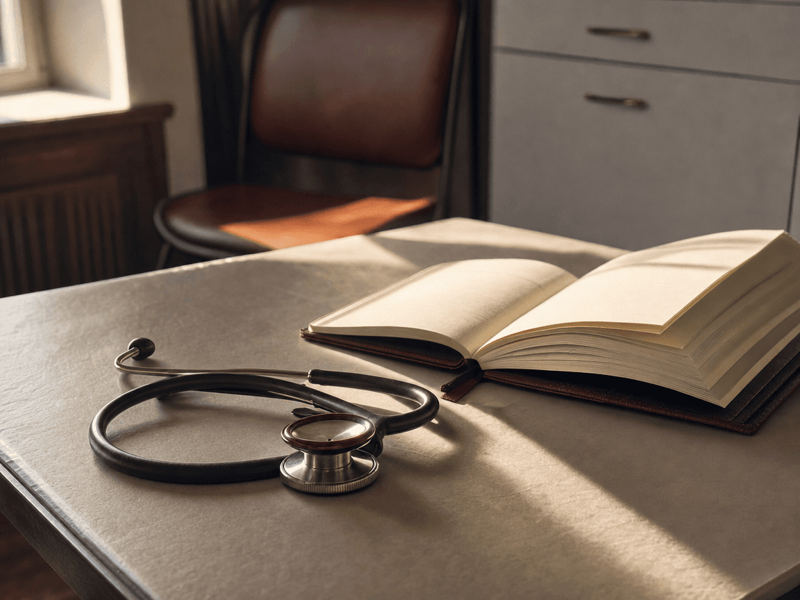 Une stéthoscope posé sur une table de consultation déserte, éclairé en lumière rasante de fin d'après-midi, à côté d'un agenda ouvert aux pages vierges.