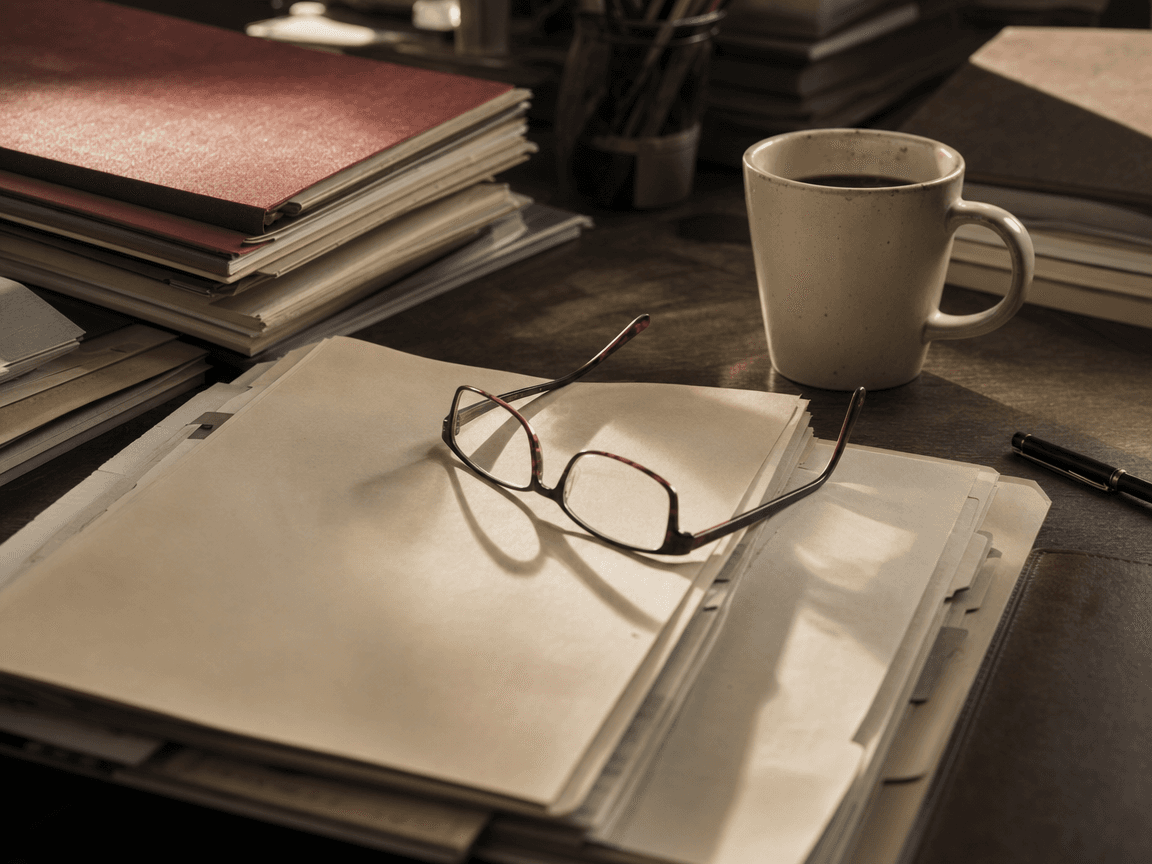Une paire de lunettes de lecture posée sur un dossier administratif ouvert, à côté d'une tasse de café refroidie, sur un bureau encombré baigné d'une lumière d'après-midi oblique.