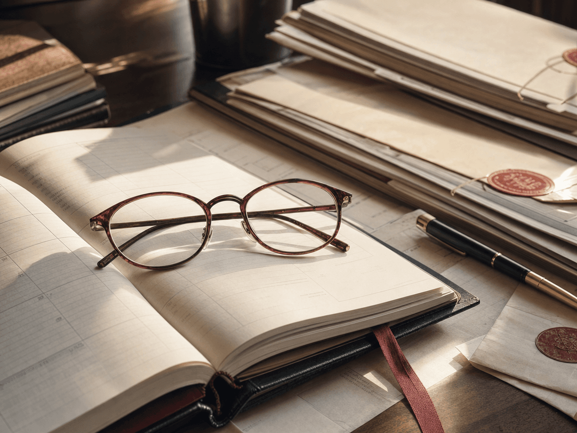 Une paire de lunettes de lecture posée sur un agenda ouvert à la page de janvier, sur un bureau encombré de documents administratifs aux tampons rouges, éclairée par la lumière rasante d'une fin d'après-midi hivernale.