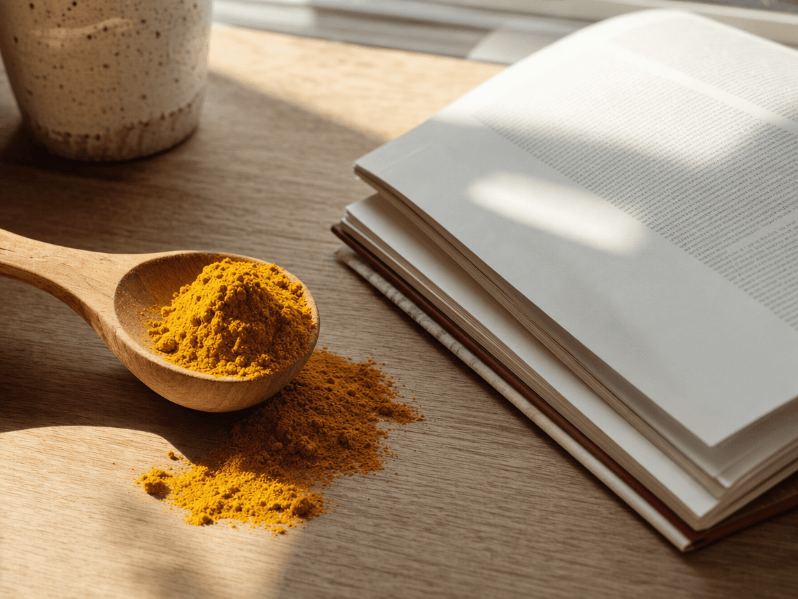 Une cuillère en bois posée sur une table en chêne clair, couverte d'une poudre de curcuma d'un jaune profond qui se répand légèrement sur le bois, à côté d'une revue scientifique ouverte dont on ne distingue que les colonnes de texte, baignés d'une lumière de fin de matinée venant d'une fenêtre hors champ.