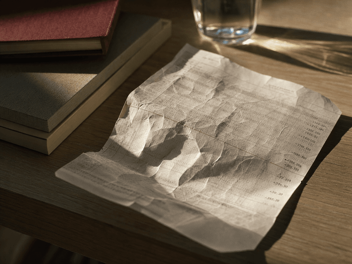 Un relevé de compte bancaire froissé posé sur une table en bois clair, éclairé en lumière rasante de fin d'après-midi, le chiffre négatif à peine lisible dans l'ombre.