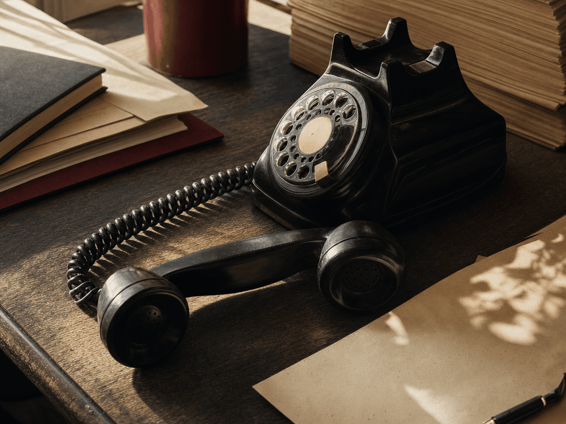 Un téléphone fixe à cadran posé sur un bureau en bois sombre, combiné décroché reposant à côté du socle, lumière de fin d'après-midi rasante qui allonge l'ombre du fil spiralé sur le bois.