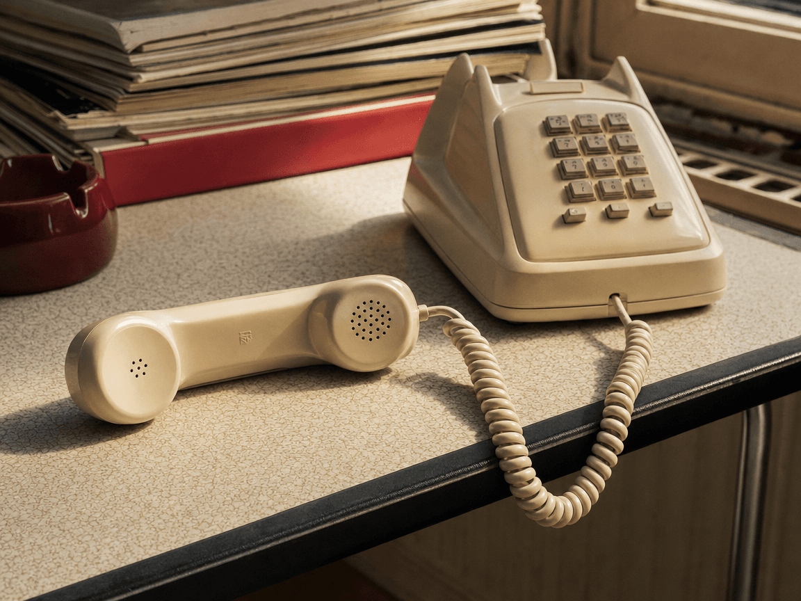 Un téléphone fixe années 80 posé sur une table en formica, son combiné décroché laissant pendre le fil spiralé dans la lumière oblique d'une fenêtre.